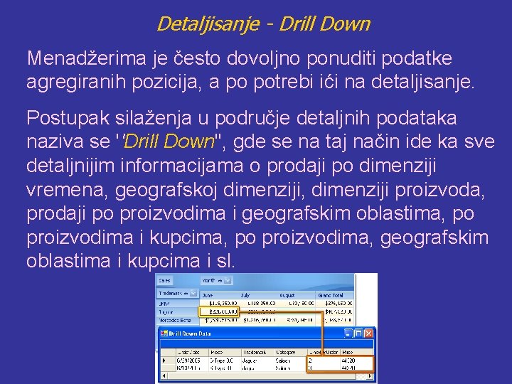 Detaljisanje - Drill Down Menadžerima je često dovoljno ponuditi podatke agregiranih pozicija, a po