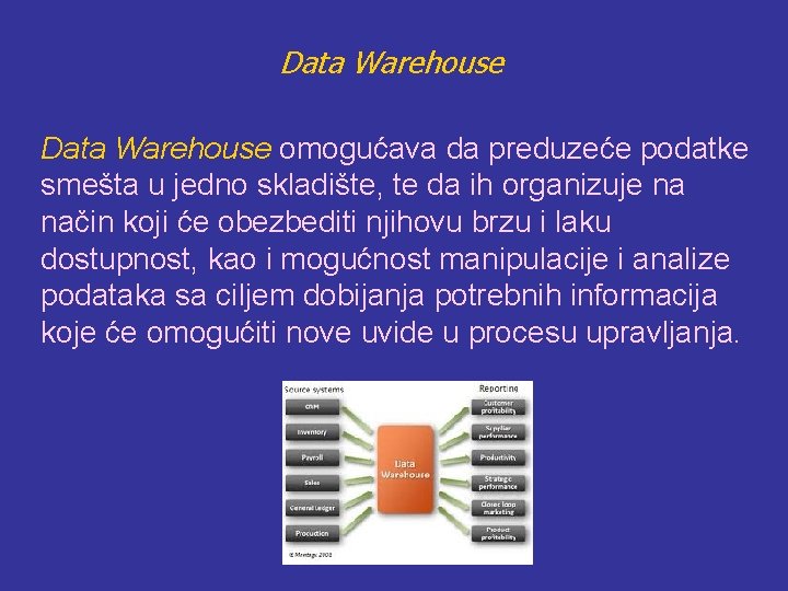 Data Warehouse omogućava da preduzeće podatke smešta u jedno skladište, te da ih organizuje