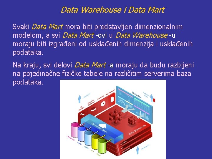 Data Warehouse i Data Mart Svaki Data Mart mora biti predstavljen dimenzionalnim modelom, a