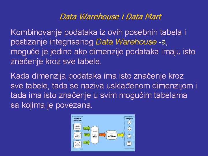 Data Warehouse i Data Mart Kombinovanje podataka iz ovih posebnih tabela i postizanje integrisanog