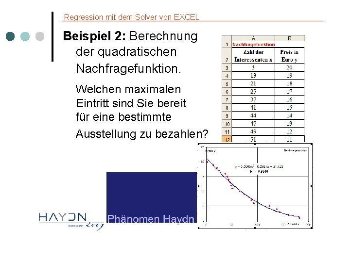 Regression mit dem Solver von EXCEL Beispiel 2: Berechnung der quadratischen Nachfragefunktion. Welchen maximalen