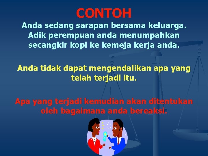 CONTOH Anda sedang sarapan bersama keluarga. Adik perempuan anda menumpahkan secangkir kopi ke kemeja