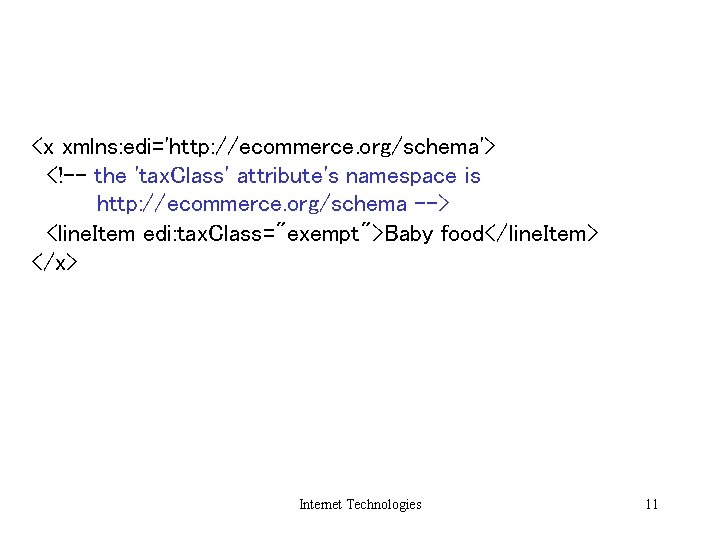 <x xmlns: edi='http: //ecommerce. org/schema'> <!-- the 'tax. Class' attribute's namespace is http: //ecommerce.