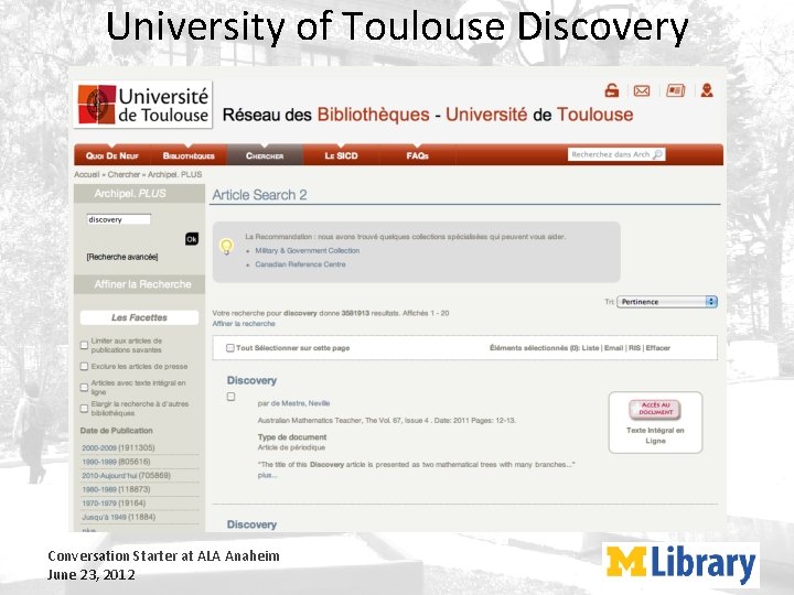 University of Toulouse Discovery Conversation Starter at ALA Anaheim June 23, 2012 