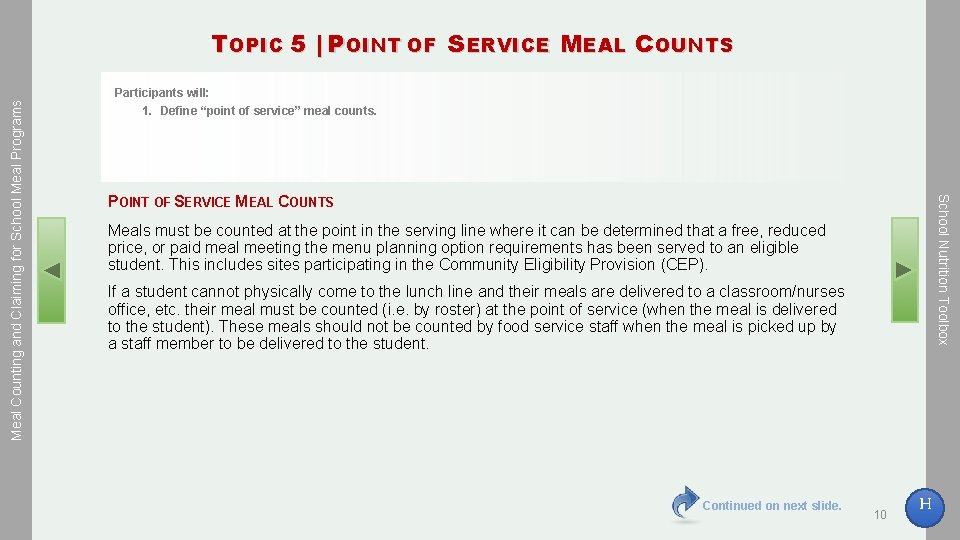 Participants will: 1. Define “point of service” meal counts. POINT OF SERVICE MEAL COUNTS