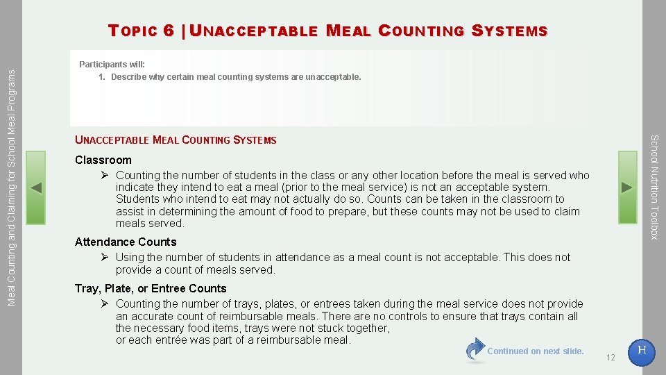 Participants will: 1. Describe why certain meal counting systems are unacceptable. UNACCEPTABLE MEAL COUNTING