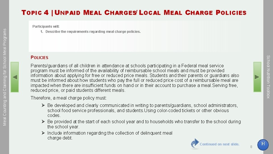 Participants will: 1. Describe the requirements regarding meal charge policies. POLICIES School Nutrition Toolbox