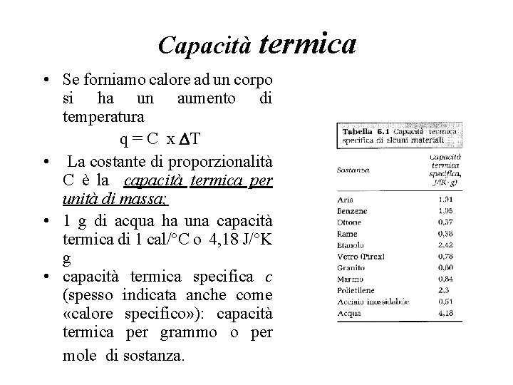Capacità termica • Se forniamo calore ad un corpo si ha un aumento di Capacità termica • Se forniamo calore ad un corpo si ha un aumento di