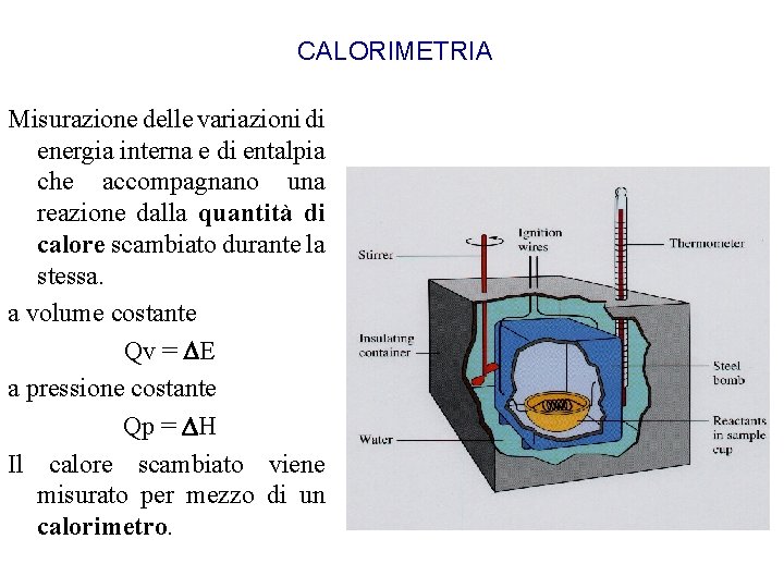 CALORIMETRIA Misurazione delle variazioni di energia interna e di entalpia che accompagnano una reazione CALORIMETRIA Misurazione delle variazioni di energia interna e di entalpia che accompagnano una reazione