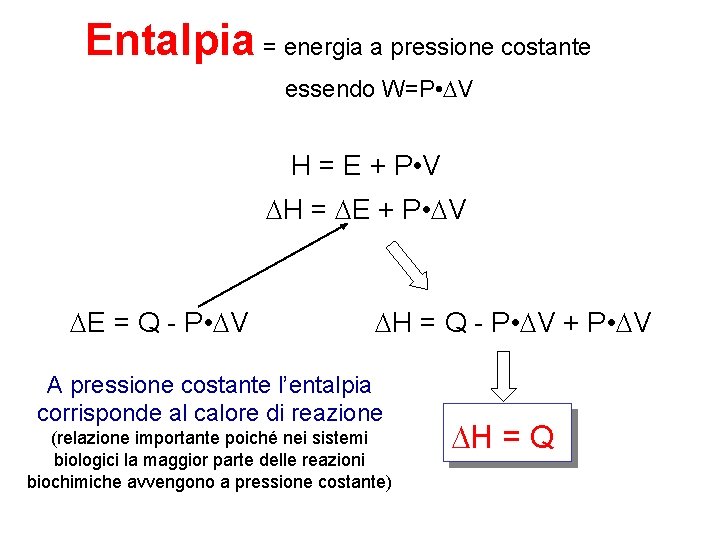 Entalpia = energia a pressione costante essendo W=P • DV H = E + Entalpia = energia a pressione costante essendo W=P • DV H = E +