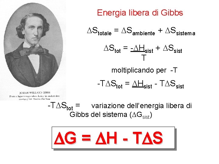 Energia libera di Gibbs DStotale = DSambiente + DSsistema DStot = -DHsist + DSsist Energia libera di Gibbs DStotale = DSambiente + DSsistema DStot = -DHsist + DSsist
