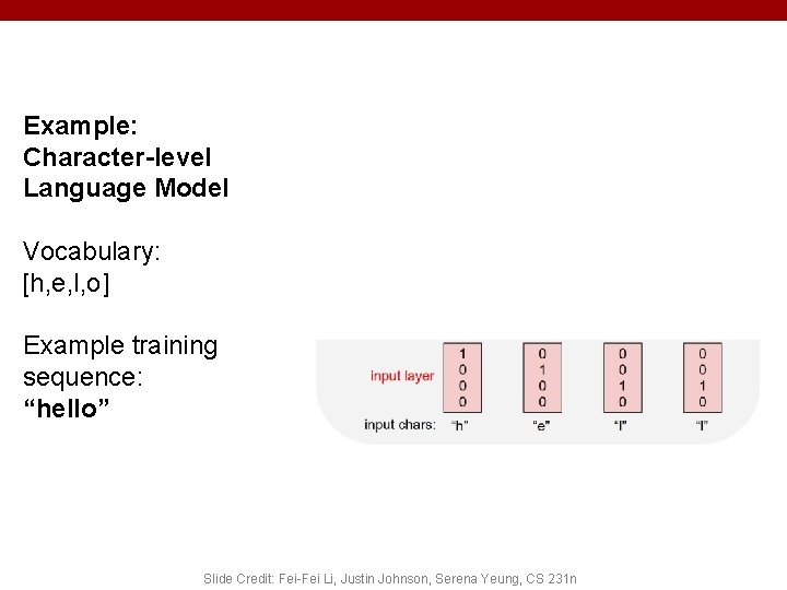 Example: Character-level Language Model Vocabulary: [h, e, l, o] Example training sequence: “hello” Slide