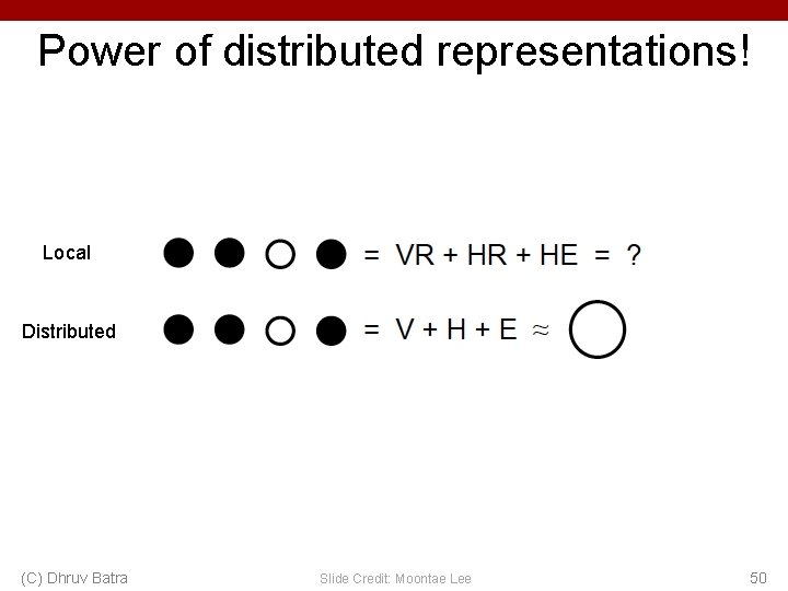 Power of distributed representations! Local Distributed (C) Dhruv Batra Slide Credit: Moontae Lee 50