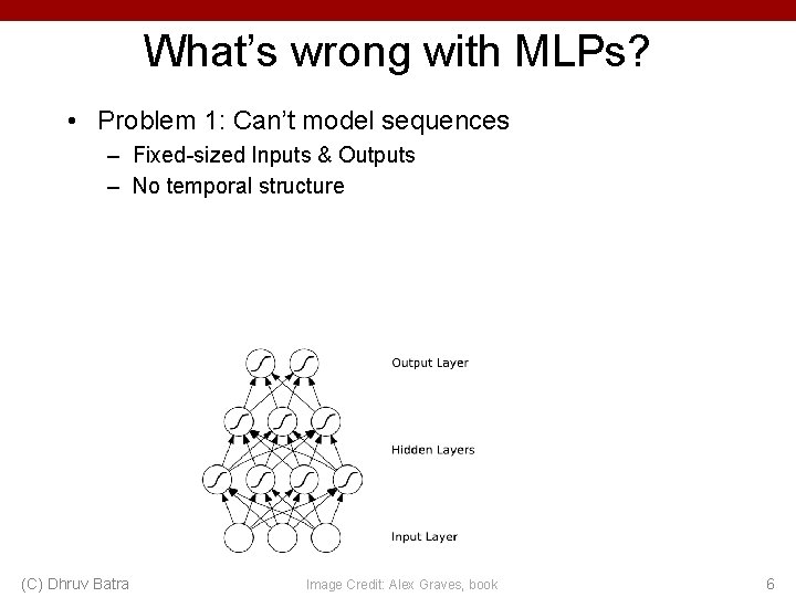 What’s wrong with MLPs? • Problem 1: Can’t model sequences – Fixed-sized Inputs &
