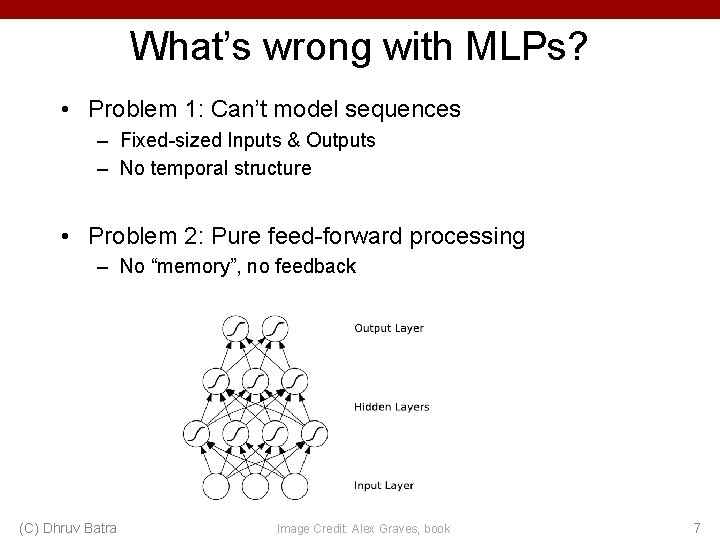 What’s wrong with MLPs? • Problem 1: Can’t model sequences – Fixed-sized Inputs &