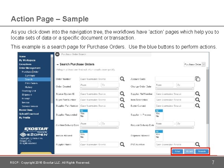 Action Page – Sample As you click down into the navigation tree, the workflows