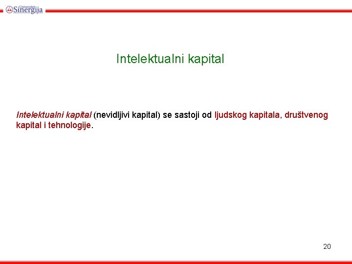 Intelektualni kapital (nevidljivi kapital) se sastoji od ljudskog kapitala, društvenog kapital i tehnologije. 20