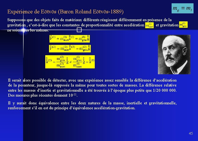 Expérience de Eötvös (Baron Roland Eötvös-1889) Supposons que des objets faits de matériaux différents