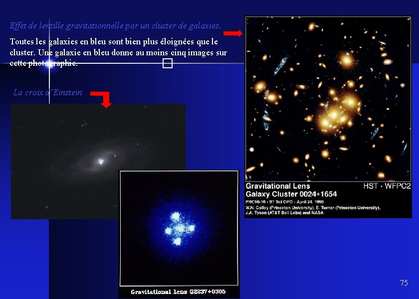 Effet de lentille gravitationnelle par un cluster de galaxies. Toutes les galaxies en bleu
