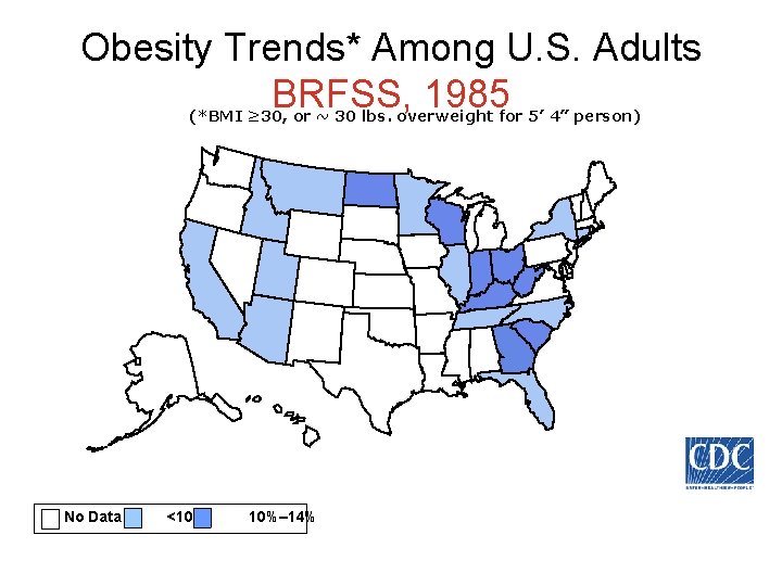 Obesity Trends* Among U. S. Adults BRFSS, 1985 (*BMI ≥ 30, or ~ 30