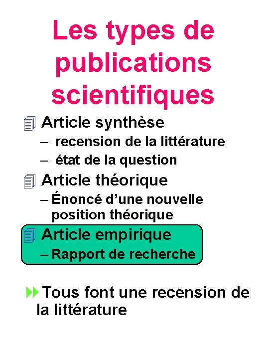 Les types de publications scientifiques 4 Article synthèse – recension de la littérature –