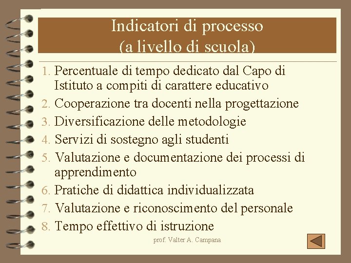 Indicatori di processo (a livello di scuola) 1. Percentuale di tempo dedicato dal Capo Indicatori di processo (a livello di scuola) 1. Percentuale di tempo dedicato dal Capo