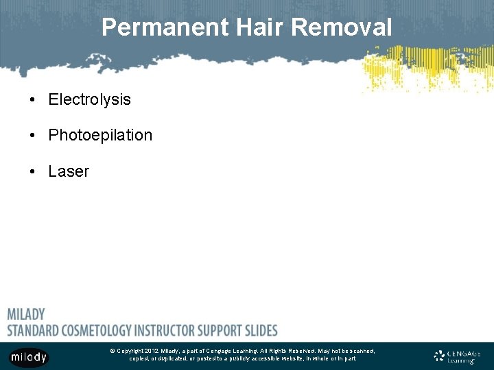 Permanent Hair Removal • Electrolysis • Photoepilation • Laser © Copyright 2012 Milady, a
