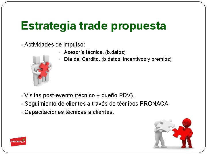 Estrategia trade propuesta ● Actividades de impulso: • Asesoría técnica. (b. datos) • Día