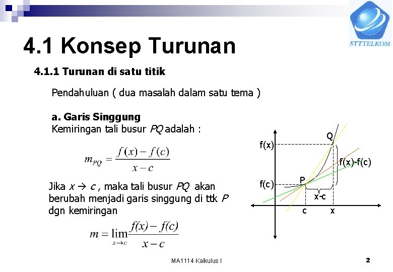 4. 1 Konsep Turunan 4. 1. 1 Turunan di satu titik Pendahuluan ( dua