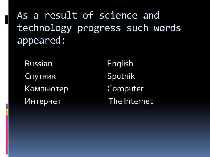 As a result of science and technology progress such words appeared: Russian Спутник Компьютер