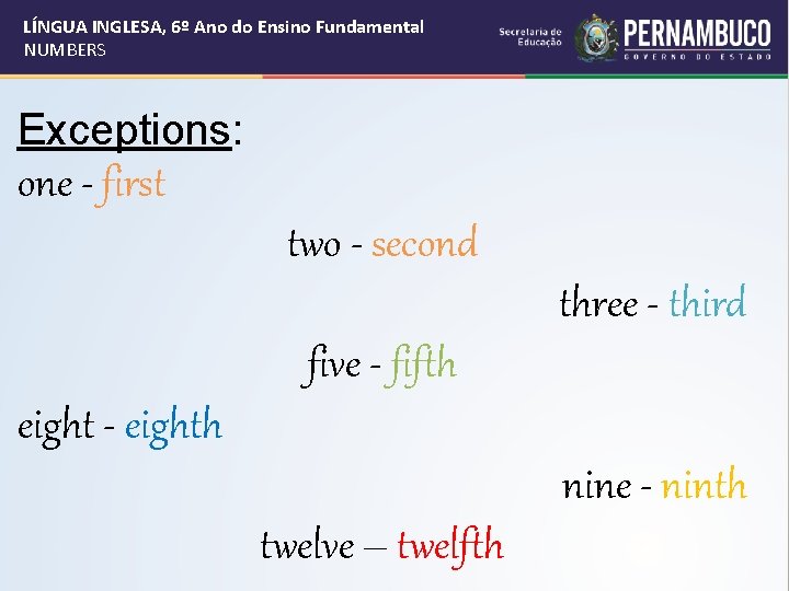 LÍNGUA INGLESA, 6º Ano do Ensino Fundamental NUMBERS Exceptions: one - first two -