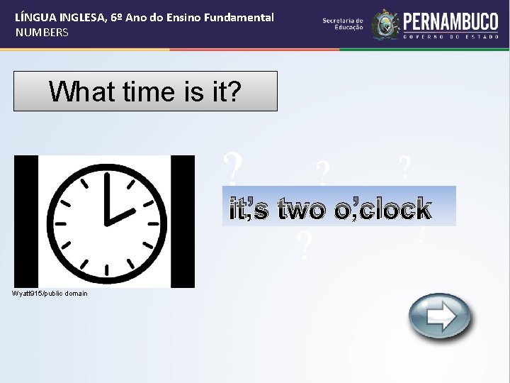 LÍNGUA INGLESA, 6º Ano do Ensino Fundamental NUMBERS What time is it? it’s two