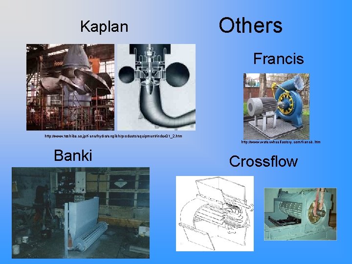 Kaplan Others Francis http: //www. toshiba. co. jp/f-ene/hydro/english/products/equipment/index 01_2. htm http: //www. waterwheelfactory. com/francis.