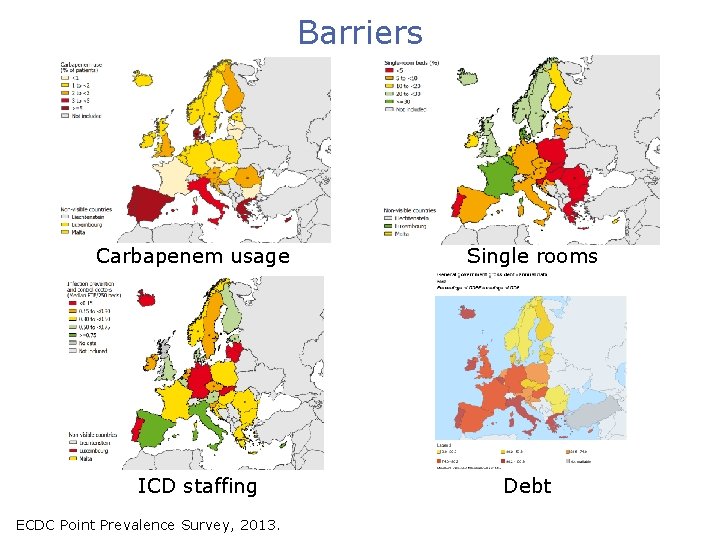 Barriers Carbapenem usage Single rooms ICD staffing Debt ECDC Point Prevalence Survey, 2013. 