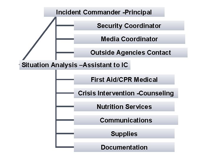 Incident Commander -Principal Security Coordinator Media Coordinator Outside Agencies Contact Situation Analysis –Assistant to