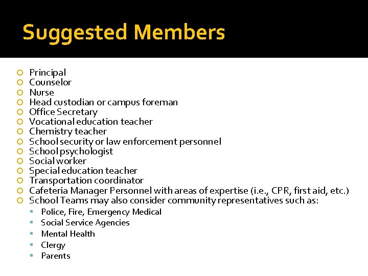 Suggested Members Principal Counselor Nurse Head custodian or campus foreman Office Secretary Vocational education