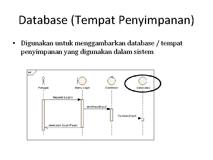 Database (Tempat Penyimpanan) • Digunakan untuk menggambarkan database / tempat penyimpanan yang digunakan dalam