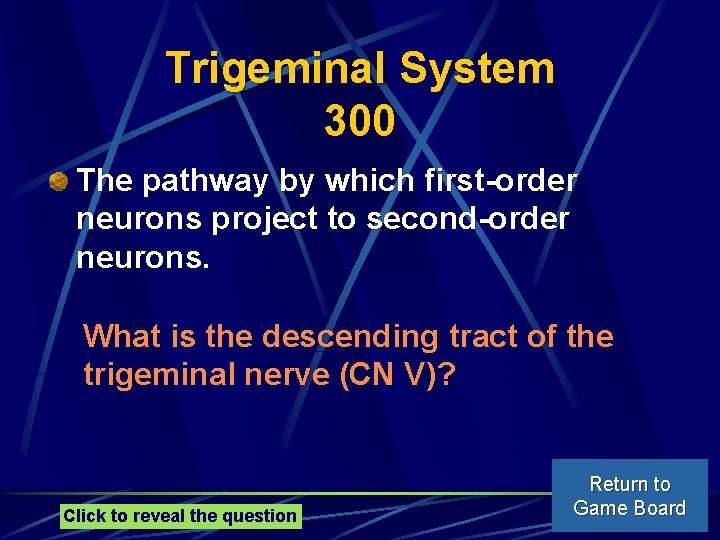 Trigeminal System 300 The pathway by which first-order neurons project to second-order neurons. What
