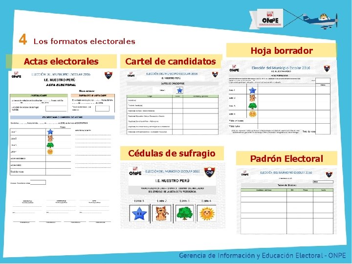 Título de la Presentación 4 Los formatos electorales Actas electorales Hoja borrador Cartel de