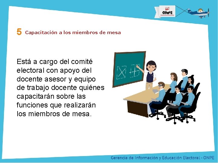 Título de la Presentación 5 Capacitación a los miembros de mesa Está a cargo