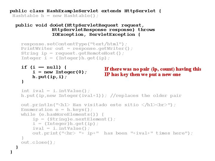 public class Hash. Example. Servlet extends Http. Servlet { Hashtable h = new Hashtable(); public class Hash. Example. Servlet extends Http. Servlet { Hashtable h = new Hashtable();