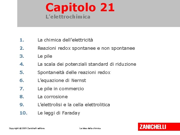Capitolo 21 L’elettrochimica 1. La chimica dell’elettricità 2. Reazioni redox spontanee e non spontanee
