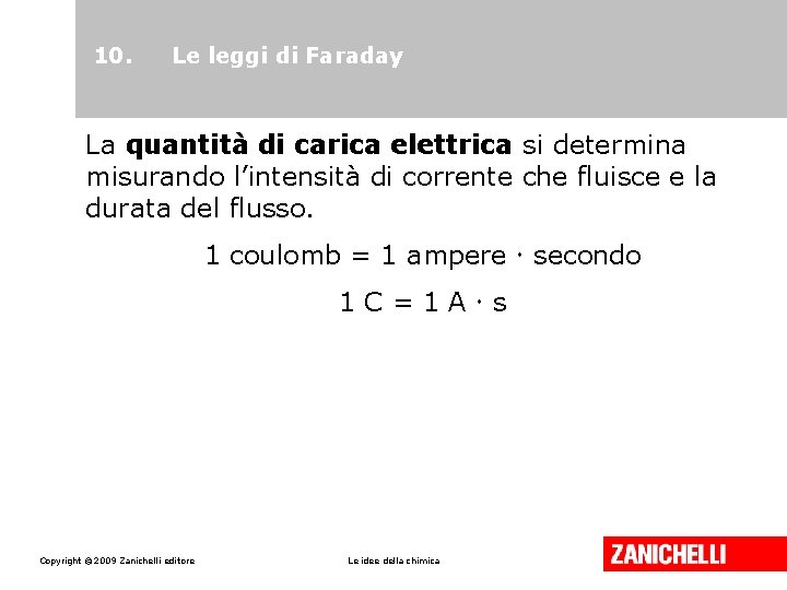 10. Le leggi di Faraday La quantità di carica elettrica si determina misurando l’intensità