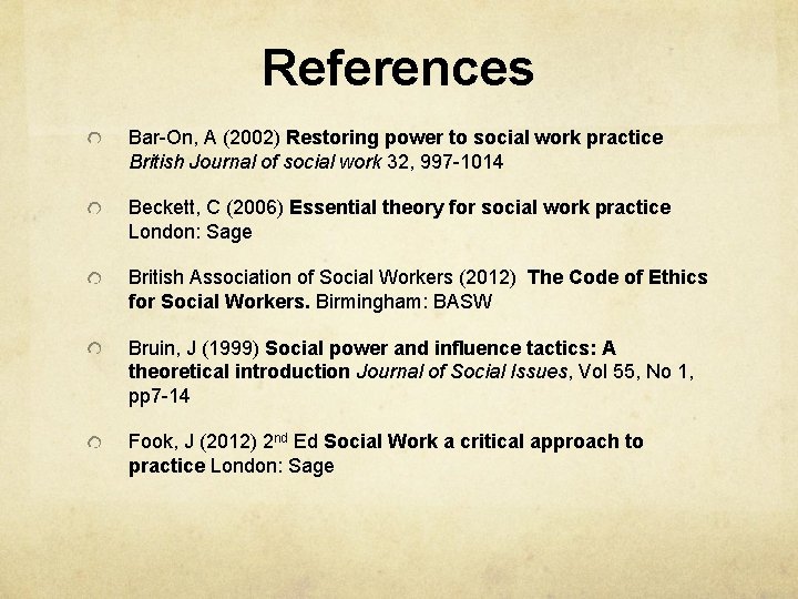 References Bar-On, A (2002) Restoring power to social work practice British Journal of social