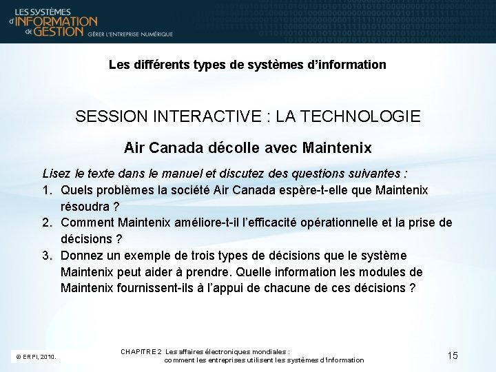 Les différents types de systèmes d’information SESSION INTERACTIVE : LA TECHNOLOGIE Air Canada décolle