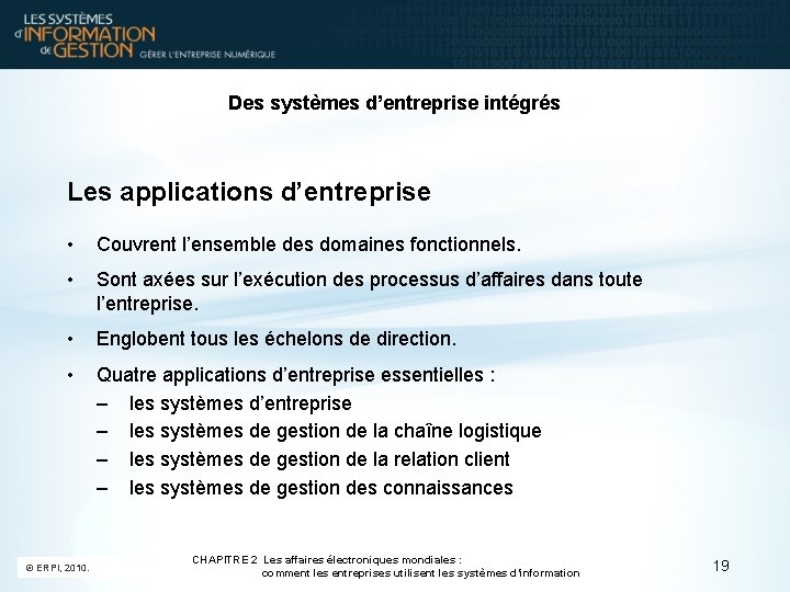 Des systèmes d’entreprise intégrés Les applications d’entreprise • Couvrent l’ensemble des domaines fonctionnels. •