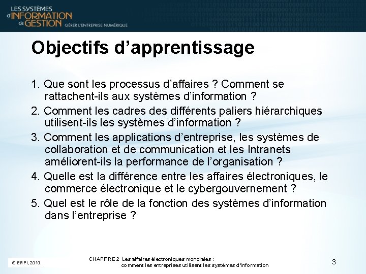 Objectifs d’apprentissage 1. Que sont les processus d’affaires ? Comment se rattachent-ils aux systèmes