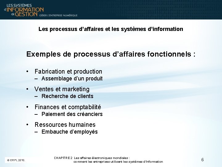 Les processus d’affaires et les systèmes d’information Exemples de processus d’affaires fonctionnels : • Les processus d’affaires et les systèmes d’information Exemples de processus d’affaires fonctionnels : •
