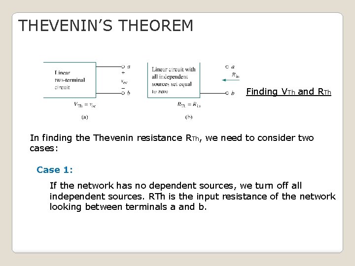 THEVENIN’S THEOREM Finding VTh and RTh In finding the Thevenin resistance RTh, we need