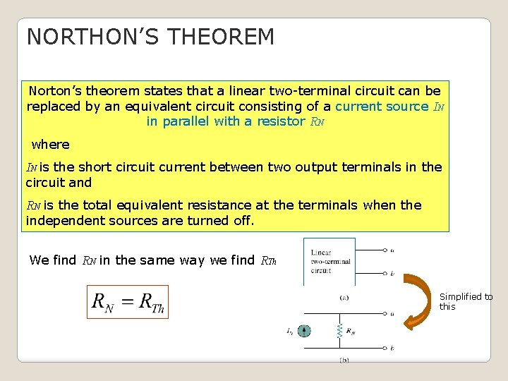 NORTHON’S THEOREM Norton’s theorem states that a linear two-terminal circuit can be replaced by